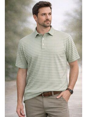 Fish Hippie Mens Polo Collection Shirt Green Stripe Short Sleeve Cotton Size XL